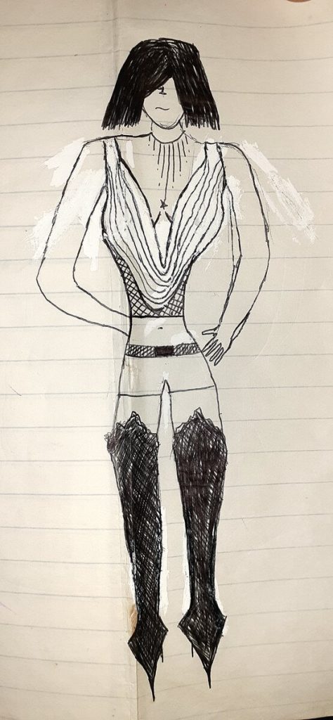 “Childhood fashion illustration in black ink of an edgy layered outfit with fishnet details, checkered belt and thigh-high boots on notebook paper”