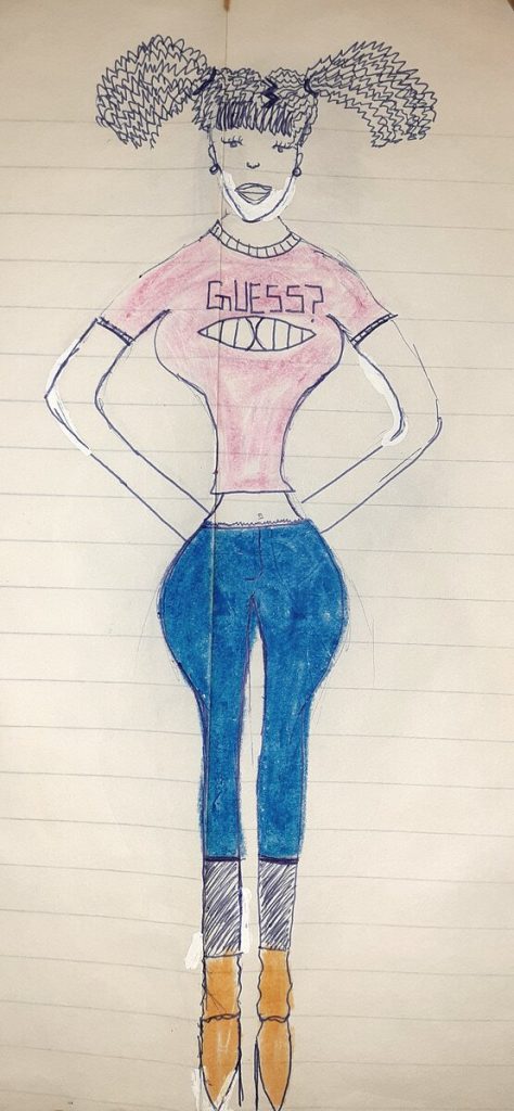 “Hand-colored childhood fashion sketch of a 90s streetwear look with pink Guess sweatshirt, blue jeans and orange boots on lined notebook paper”