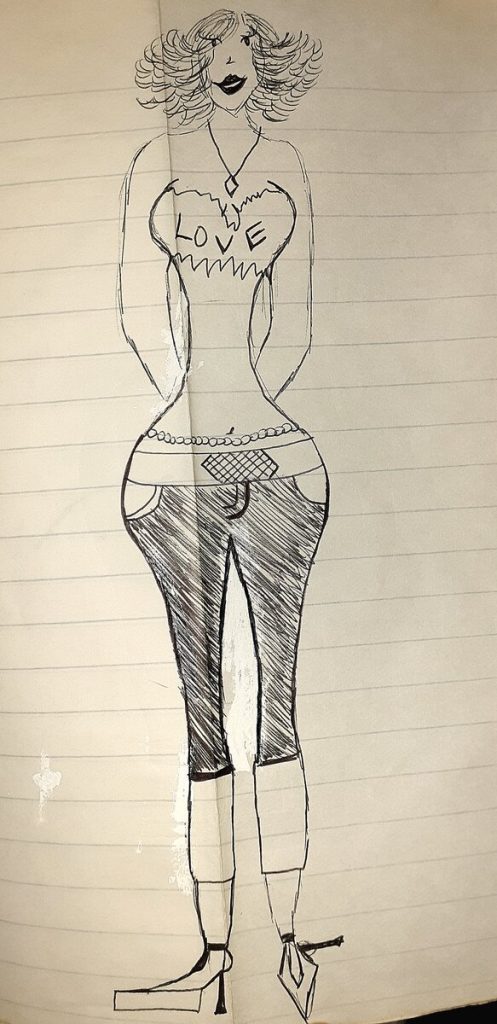 "Childhood fashion sketch in ink of an outfit with heart-shaped LOVE top, beaded belt, capri jeans and platform heels on notebook paper”
