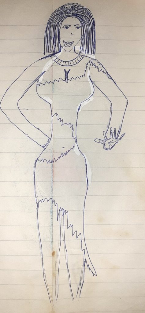 Hand-drawn fashion sketches: my first — a model in an asymmetric zigzag-hem dress in ballpoint pen, drawn in a childhood composition notebook.